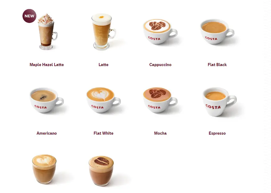 Costa Coffee Menu